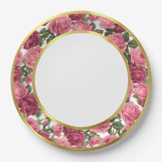 Antique Pink & Dk Pink Victorian Garden Roses Gold Pappteller
