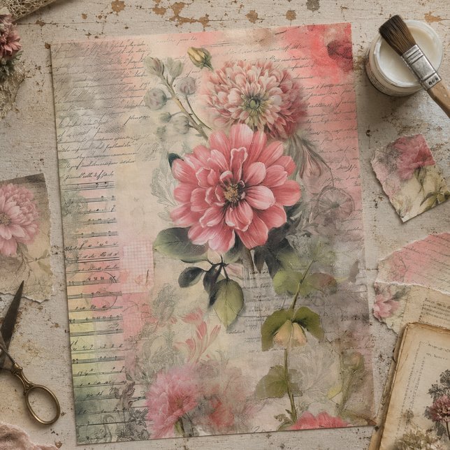 Antique Pink Floral, Ephemere, Script Decoupage Seidenpapier (Von Creator hochgeladen)
