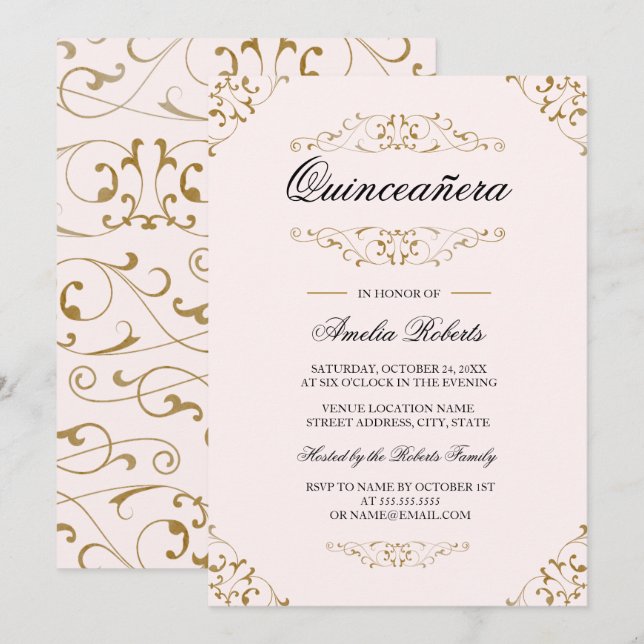 Antique Pink Gold Geblüht Quinceanera Einladung (Vorne/Hinten)