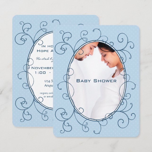 Antique Polka Dots Blue Foto Baby Boy Dusche Einladung (Vorne/Hinten)
