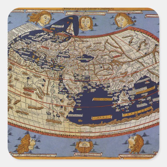 Antique Ptolemaic World Map, Johannes von Arnsheim Quadratischer Aufkleber (Vorderseite)