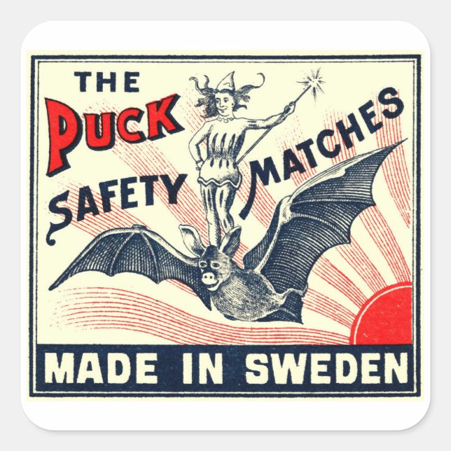 Antique Puck Riding Bat Suédois Matchbox Étiquette (Devant)