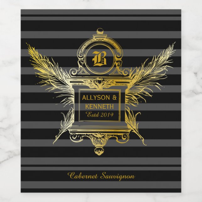 Antique Quill Feathers Classic Gold Frame Monogram Weinetikett (Einzelnes Label)