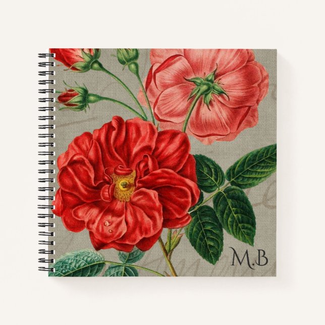Antique Red Rose Art on Grey Monogram Notizbuch (Vorderseite)