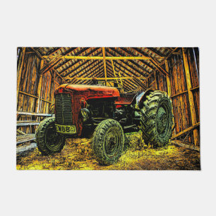 Antique Red Tractor Rustic Barn Fußmatte