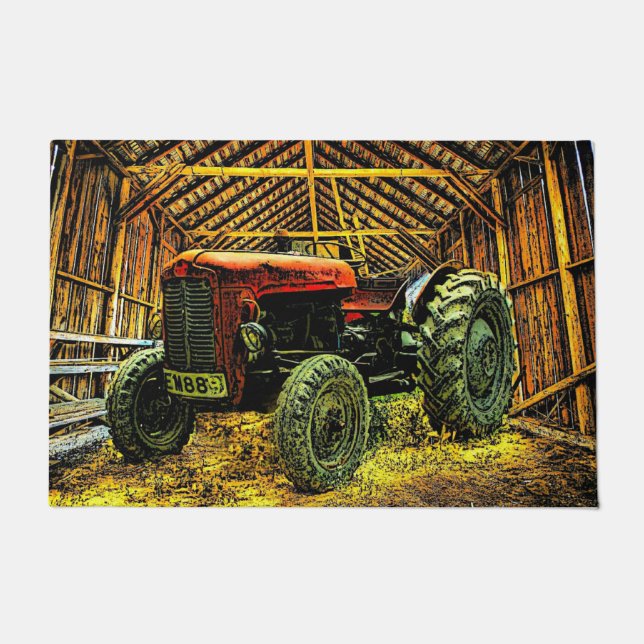 Antique Red Tractor Rustic Barn Fußmatte (Vorderseite)