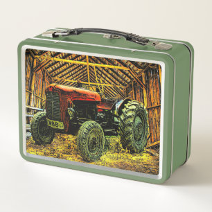 Antique Red Tractor Rustic Barn Metall Brotdose