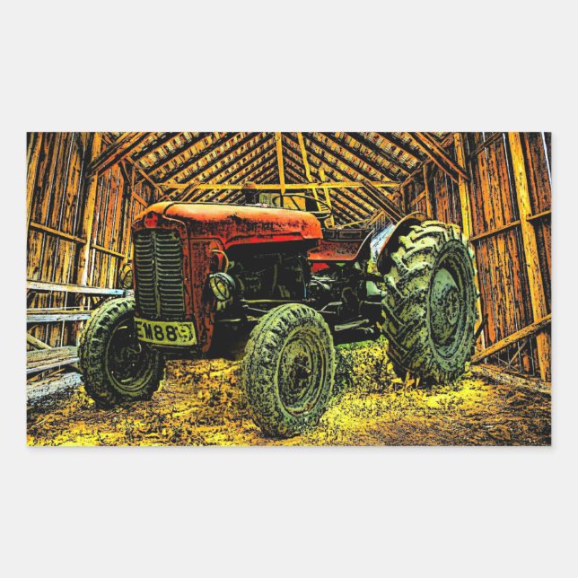 Antique Red Tractor Rustic Barn Rechteckiger Aufkleber (Vorderseite)