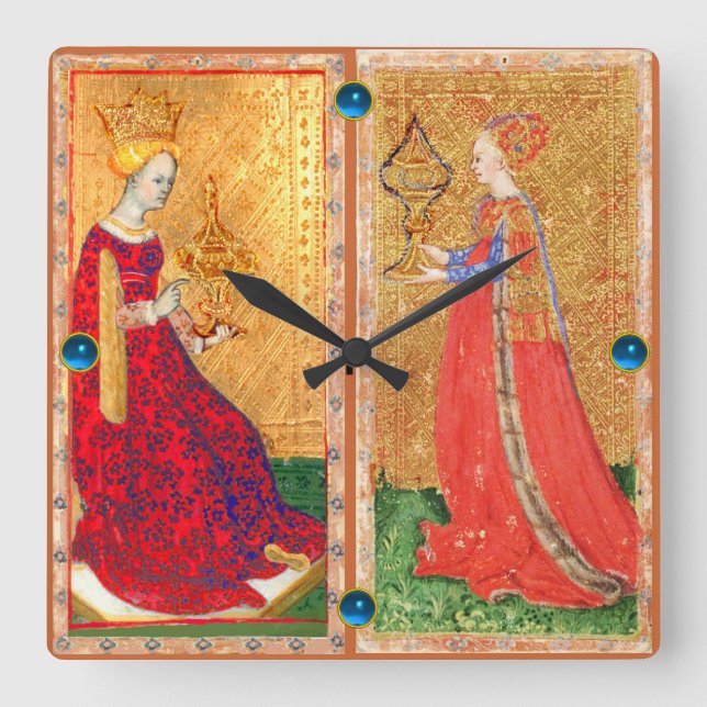ANTIQUE RENAISSANCE TAROTS/ MAID AND QUEEN OF CUPS QUADRATISCHE WANDUHR (Vorderseite)