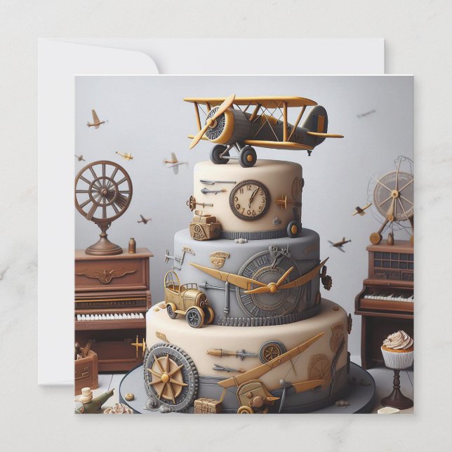 ANTIQUE RETRO FLUGZEUG CAKE BIRTHDAY KARTE (Vorderseite)
