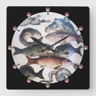 ANTIQUE ROMAN MOSAICS, FISCHE, MEERESLEBENSZENE QUADRATISCHE WANDUHR