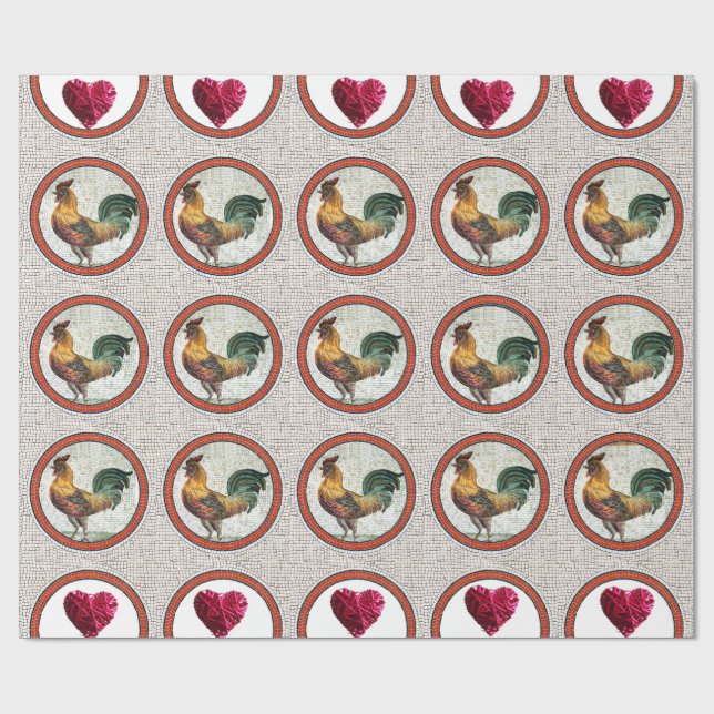 ANTIQUE ROMAN MOSAICS,ROOSTER,GEBRAUCHTE PINKHERZE GESCHENKPAPIER (Flach)