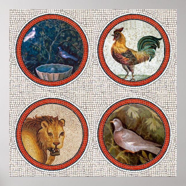 ANTIQUE ROMAN MOSAICS VÖGEL, ROOSTER UND LIEBE POSTER (Vorne)