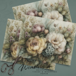 Antique Romantic Florals in Yellow Blue Decoupage  Seidenpapier