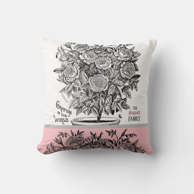 Antique Rosebush - Ihre Wahl von Text pink Kissen (Vorderseite)