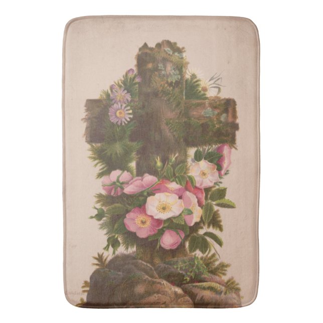 Antique Rustic Cross, Wild Roses, Easter Card, Badematte (Vorderseite Vertikal)