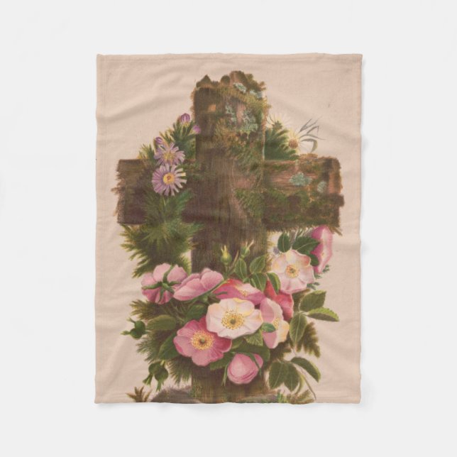 Antique Rustic Cross, Wild Roses, Easter Card, Fleecedecke (Vorderseite)