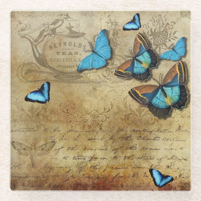Antique Rustic Decoupage N Blue Butterflies Tee Glasuntersetzer (Vorderseite)