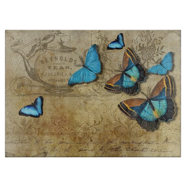 Antique Rustic Decoupage N Blue Butterflies Tee Schneidebrett (Vorderseite)