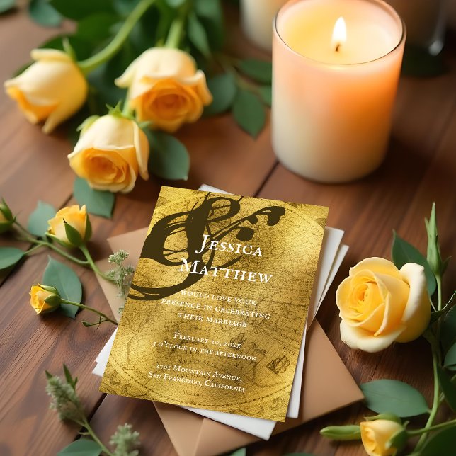 Antique Rustic Gold Karte Einladung Hochzeit (Antique Rustic Gold Map Wedding Invitation)