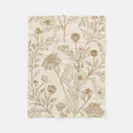 Antique Sepia Botanical Line Art Floral Pattern Fleecedecke