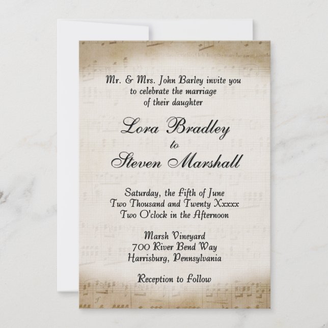 Antique Sheet Music Theme Wedding Einladung (Vorderseite)