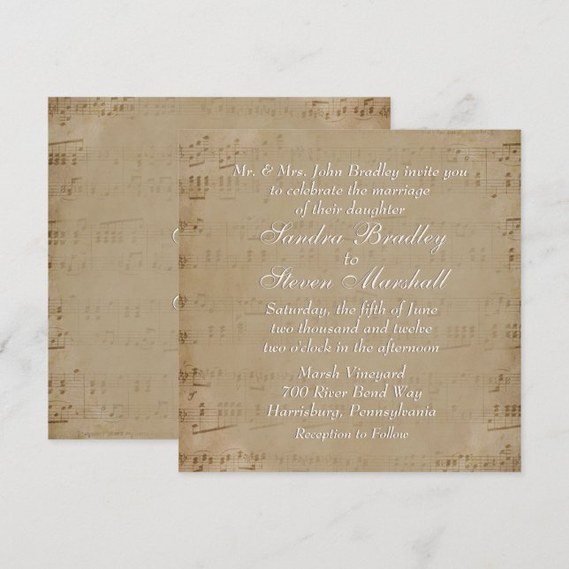 Antique Sheet Music Theme Wedding Einladung (Vorne/Hinten)