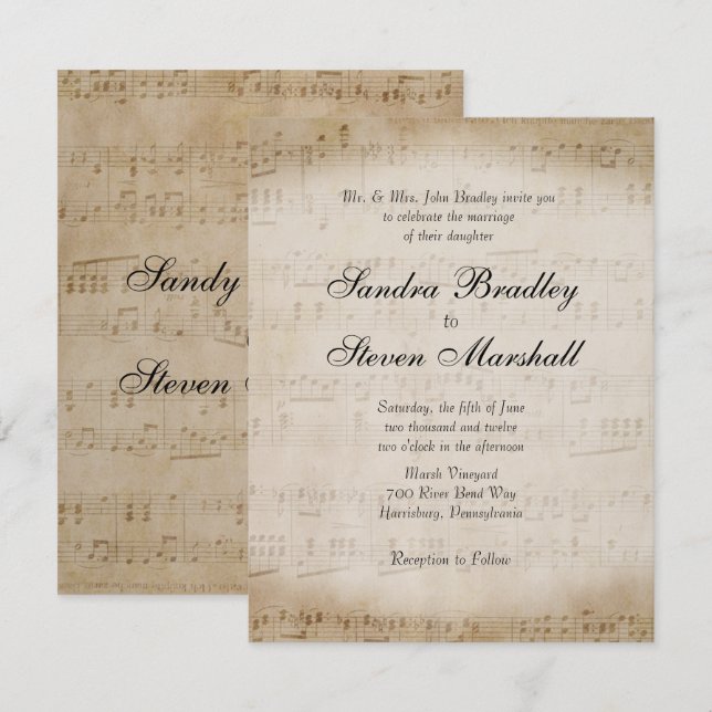 Antique Sheet Music Theme Wedding Einladung (Vorne/Hinten)