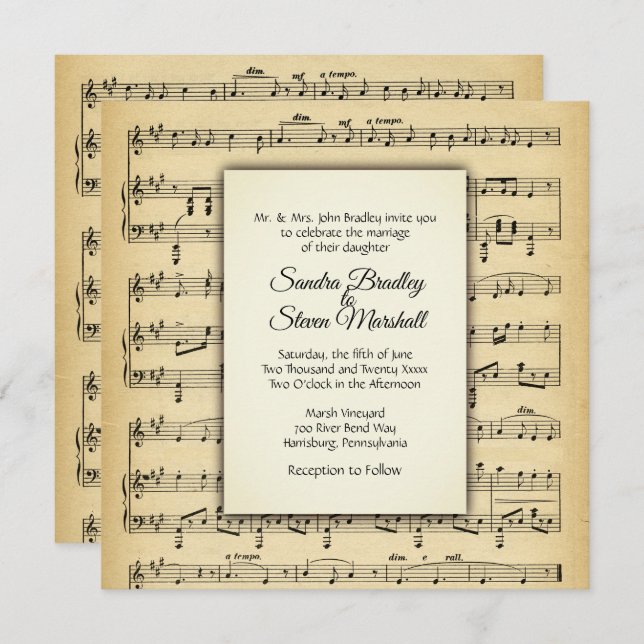 Antique Sheet Music Theme Wedding Einladung (Vorne/Hinten)