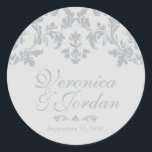 Antique Silver Custom Wedding Stickers<br><div class="desc">Hochzeitsaufkleber mit ausgeklügelter Silberklemme. Rustikales,  Vintages Silberdamastmuster mit solidem Silberhintergrund,  diese Vintagen Sticker für die Silberne Hochzeit sind perfekt für Ihre Traumhochzeit mit ihrer Raffinesse und Schönheit. Designed Metro-Events.com,  koordinieren Hochzeitsdekoration und Vorräte sind im MetroEvents Shop auf Zazzle in unserer Vintagen Damask Hochzeitskollektion.</div>