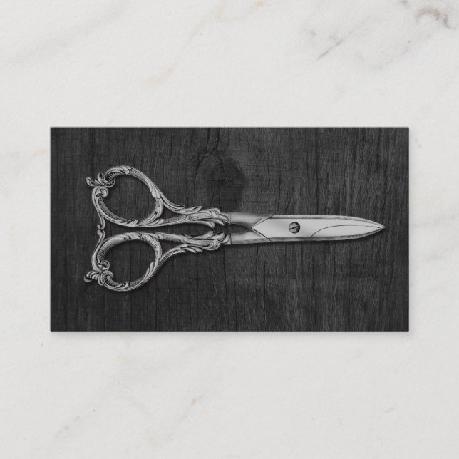 Antique Silver Schere Elegant Holzhaar Stylist Visitenkarte (Vorderseite)