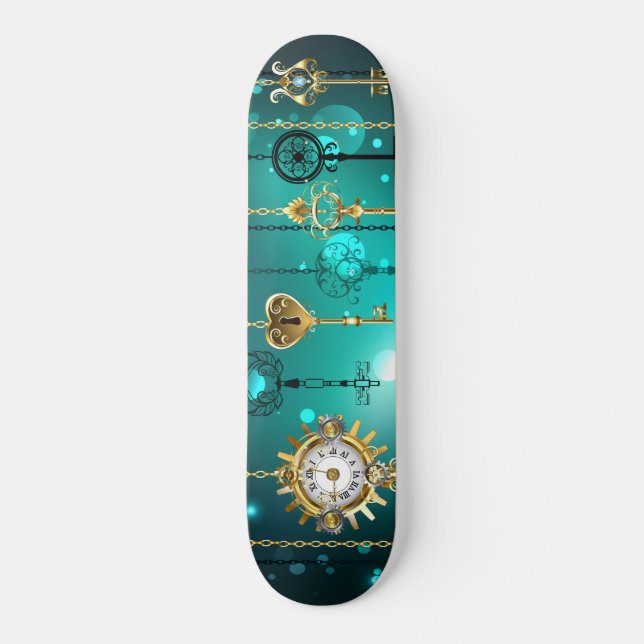 Antique Skeleton Keys on Green Background Skateboard (Vorderseite)