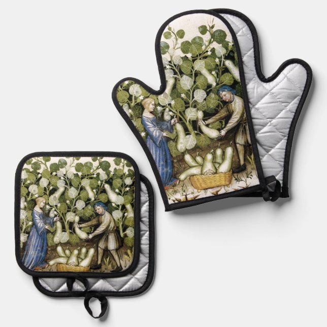 ANTIQUE SQUASH HARVEST Mittelalterliche Miniatur Ofenhandschuh & Topflappen-Set (Vorderseite/Rückseite)