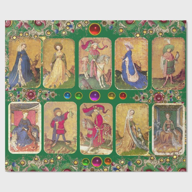 Antique Tarots, German Court Cards, grüne Flora Geschenkpapier (Flach)