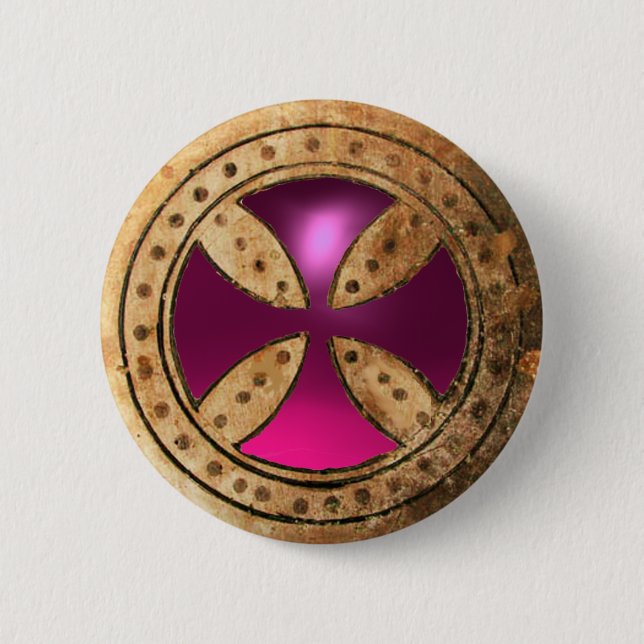 ANTIQUE TEMPLAR CROSS Pink Lila Amethyst Gem Button (Vorderseite)
