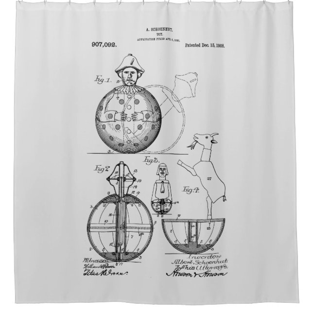 Antique Toy 1908 Roly Poly Patent Zeichnend Duschvorhang (Vorderseite)