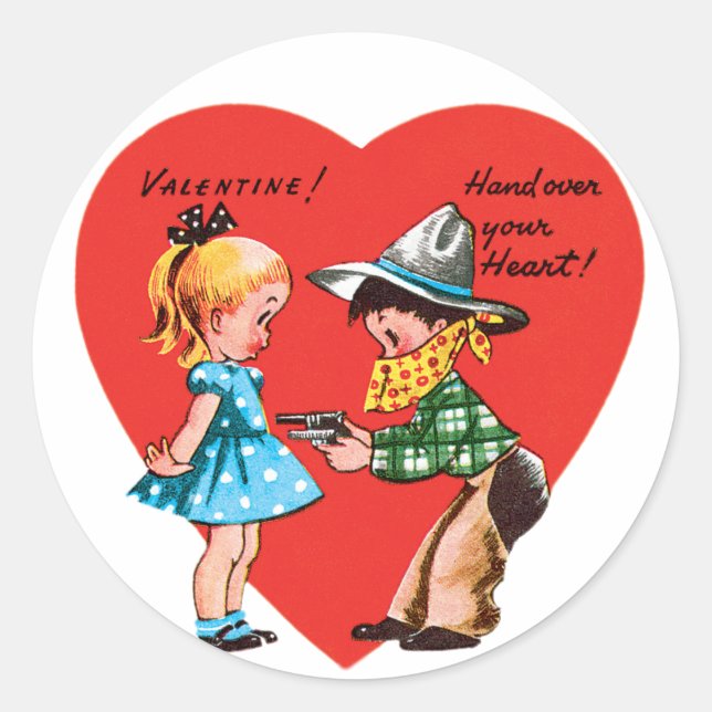 Antique Valentine Boy & Girl Herz Runder Aufkleber (Vorderseite)