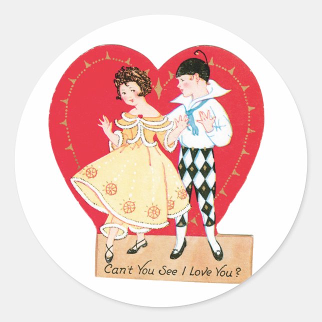 Antique Valentine Couple Herzstück Runder Aufkleber (Vorderseite)