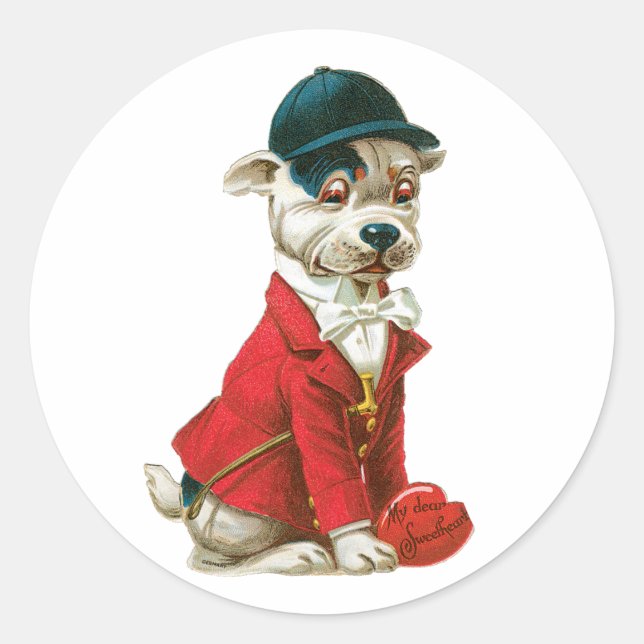 Antique Valentine Dog Herz Runder Aufkleber (Vorderseite)