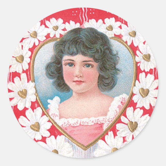 Antique Valentine Girl Blume Runder Aufkleber (Vorderseite)