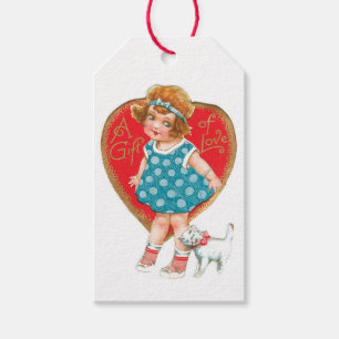 Antique Valentine Girl mit Kitten Geschenkanhänger