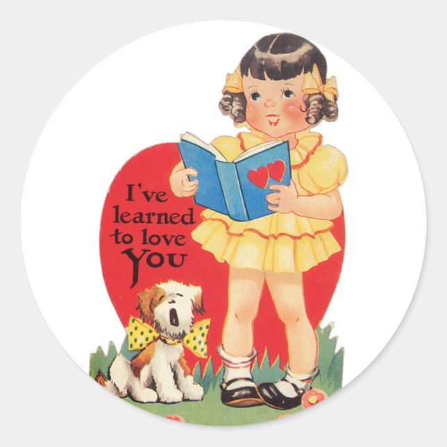 Antique Valentine Girl mit Welpe Runder Aufkleber (Vorderseite)