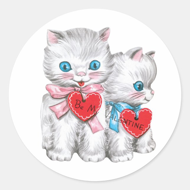 Antique Valentine Kittens Herz Runder Aufkleber (Vorderseite)