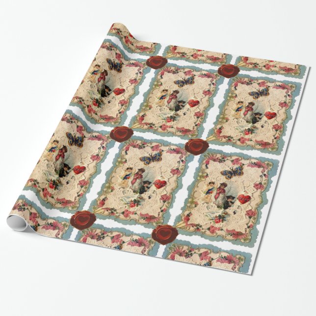 ANTIQUE VALENTINE LACE, CUPID, LIEBER UND SCHALTFL GESCHENKPAPIER (Ungerollt)