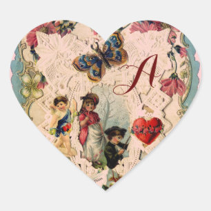ANTIQUE VALENTINE LACE, CUPID, LIEBER UND SCHALTFL Herz-Aufkleber