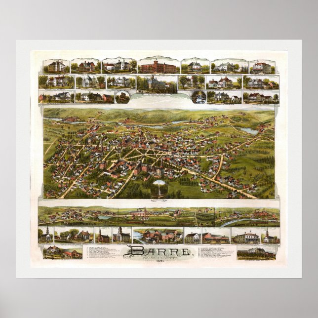 Antique Vintage Map Barre Massachusetts USA 1891 Poster (Vorne)