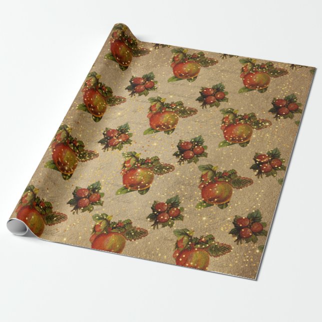 Antique Weihnachtsfrüchte Rot Frohe Weihnachten Go Geschenkpapier (Ungerollt)