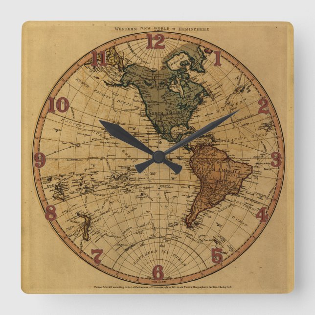 Antique William Faden 1786 Western Hemisphere Map Quadratische Wanduhr (Vorderseite)