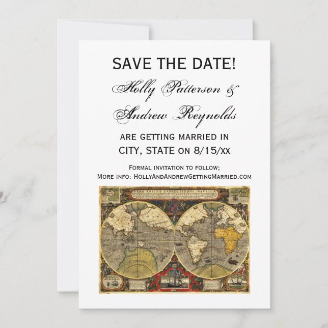 Antique World Map #2, DIY White BG Save the Date Einladung (Vorderseite)