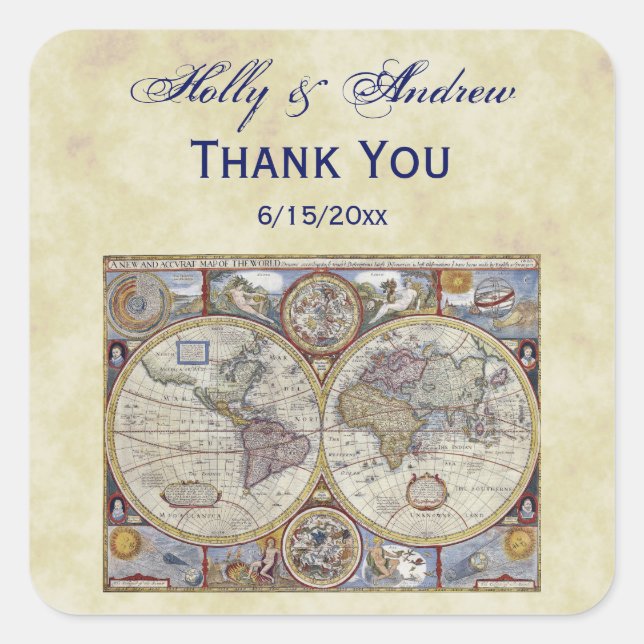Antique World Map #3, Distressed BG #3 Quadratischer Aufkleber (Vorderseite)